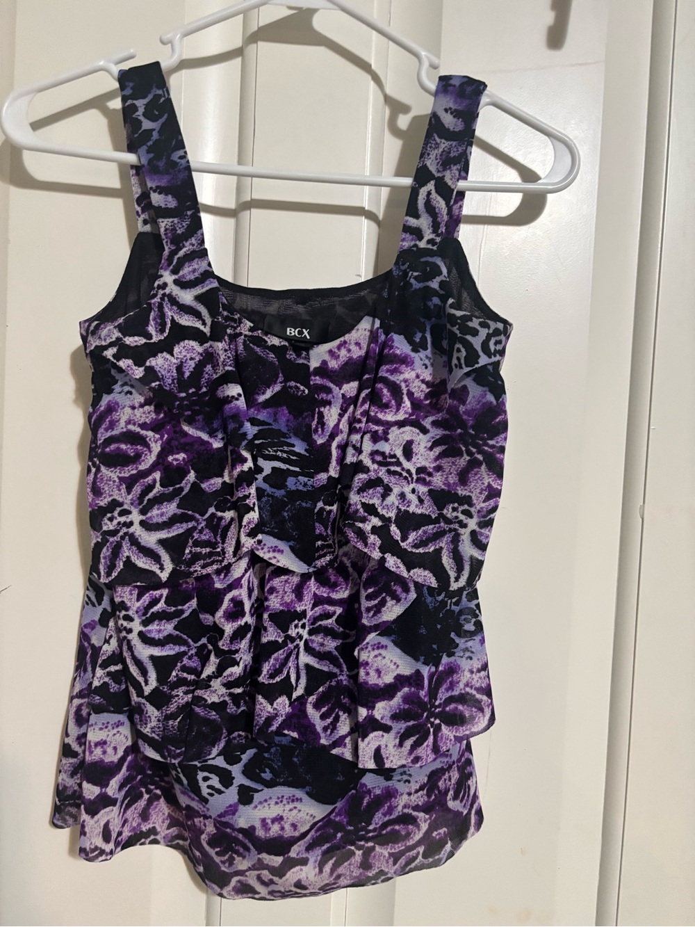 BCX Black and Purple Floral Tiered Camisole XS
